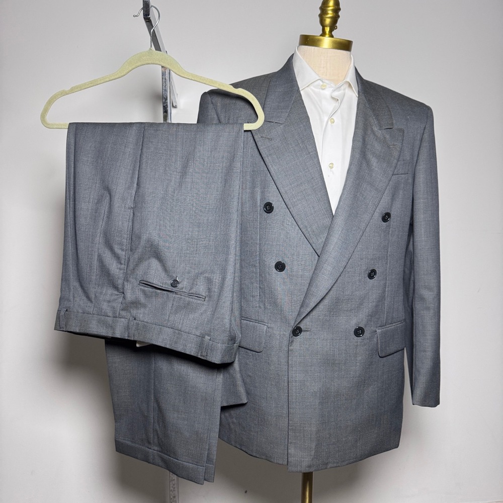 Yves Saint Laurent Suit Mens 42R W32 Grey Check Double Breasted Wool Vintage